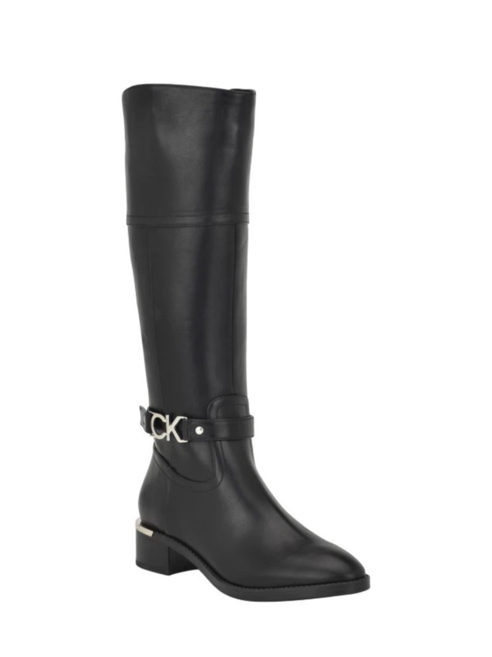 Calvin Klein Knee High Boots • Black Leather • CK Logo Strap • Size 9